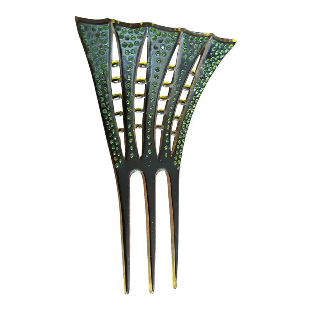 Art Deco Black Enamel & Green Rhinestone Hair Comb Decorative Hair Comb 1920-30s